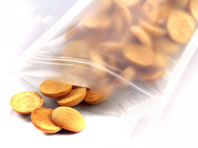 Clear zip lock bag packed with biscuits